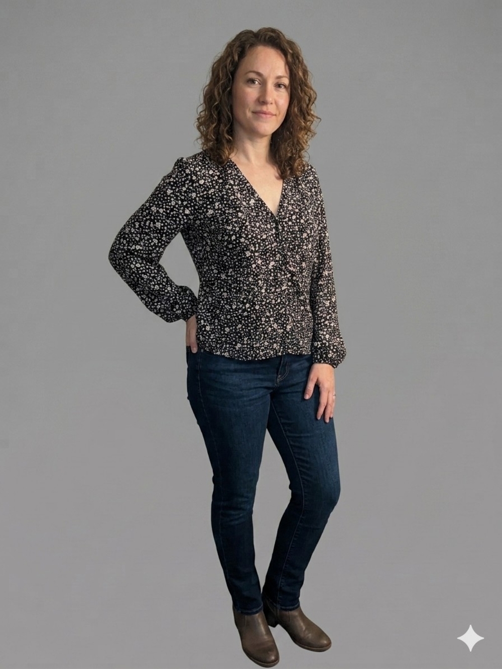 Black Floral V-Neck Long Sleeve Blouse